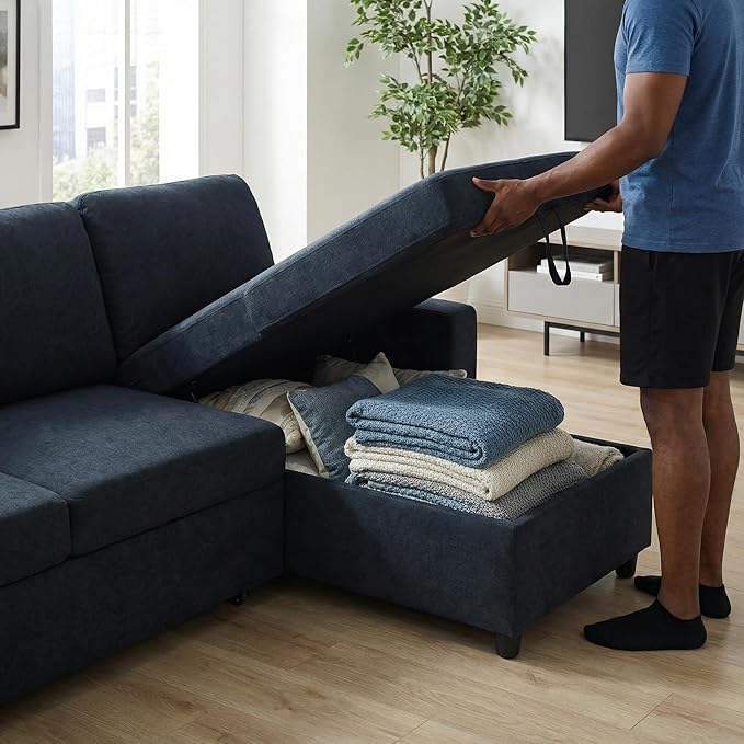 Queen Sleeper Sofa, 83 Inch Convertible Sofa Bed with Storage, Modular Sectional Couch with Pull Out Bed, L Shaped 3 Seat Sectional Sleeper Sofa for Living Room, Apartment, Black