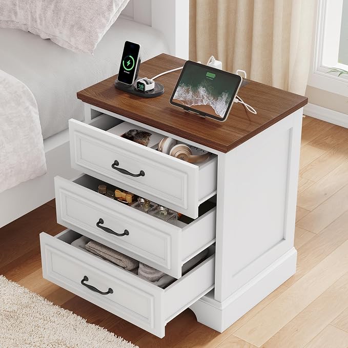 Farmhouse Nightstand with 3 Drawers,Wood Night Stand with Charging Station Modern End Side Table for Bedroom Bedside TableStorage Cabinet Small Dresser Chest of Drawers for Bedroom (1, White Brown) - Image 3