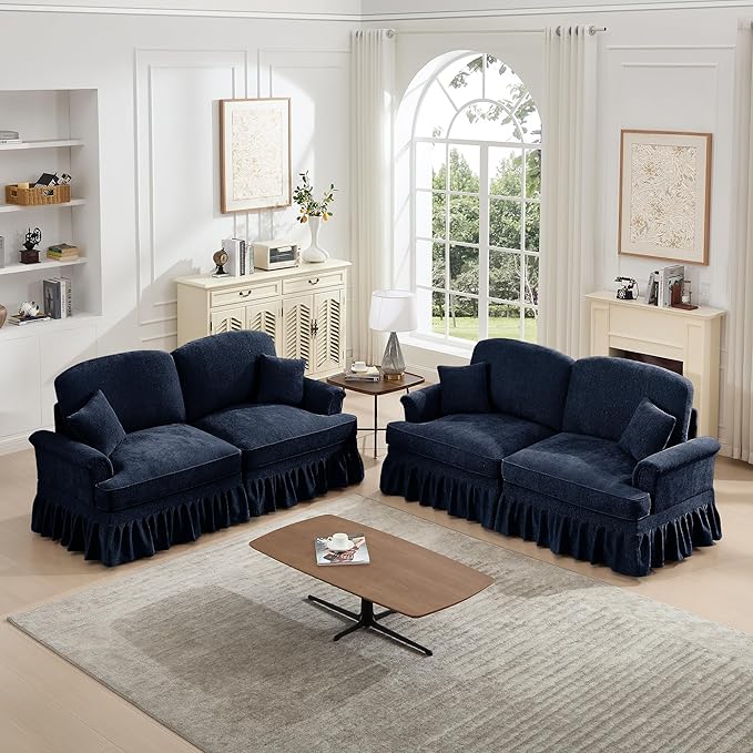 KEIKI Mid Century Modular Sofa with Flared Arms and Skirted Design, 76" Loveseat Chenille Sectional Couches Set for Living Room, Soft Apartment Size Couch, Home Sofa Bedroom Furniture, Blue