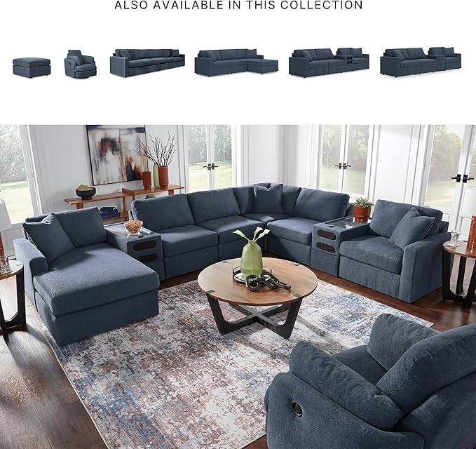 Signature Design by Ashley Modmax Contemporary L-Shaped Modular Stain Resistant 3-Piece Sectional with Chaise, Reversible Cushions and 2 Accent Pillows, Blue