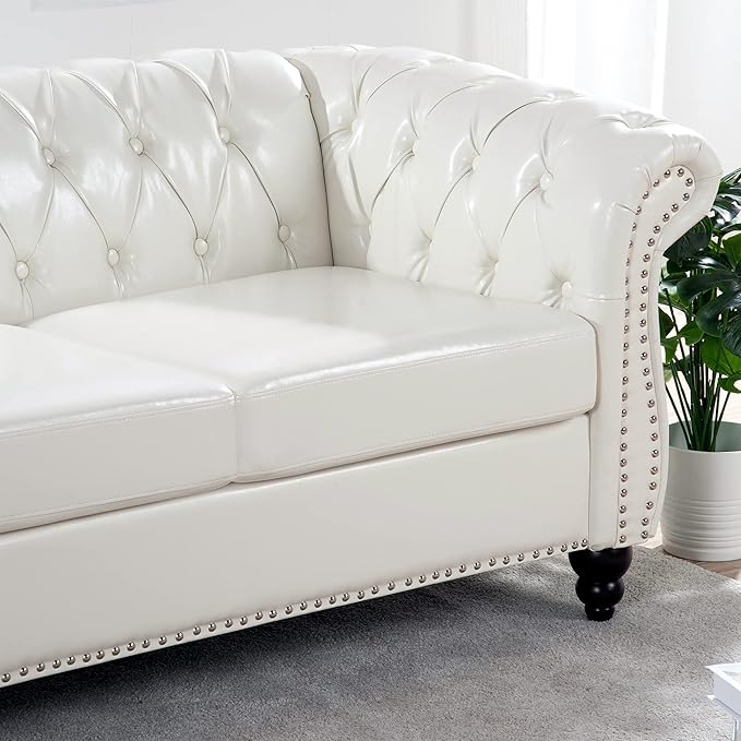 ERYE 84.5-Inch Classic 3 Seat Chesterfield Sofa Couches for Living Room Bedroom, 3 Seaters Button Tufted Faux Leather Upholstered Chesterfield Sofa Couch,Wood Legs | Button Tufted, Easy to Assemble, Nailhead, Removable Cushion