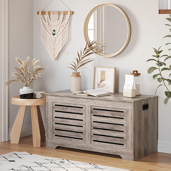 DINZI LVJ Storage Chest, Flip-Top Wooden Toy Box with 2 Safety Hinges, Retro Entryway Shoe Storage Bench, Sturdy Large Storage Trunk for Living Room, Bedroom, Easy Assembly, Greige - Image 2
