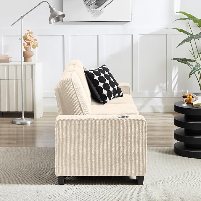 83" Modern Cloud Sofas for Living Room Bedroom, 3 Seat Modular Couch Soft Corduroy Upholstered Loveseat Couches with Cupholders for Home Apartment Office Studio