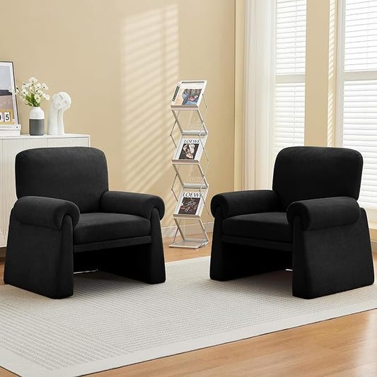 Accent Chairs Set of 2, Modern Living Room Chairs, Comfy Single Sofa Chair with Thick Cushion and Armrests, Upholstered Reading Club Chair, Arm Chair for Living Room Bedroom, Black
