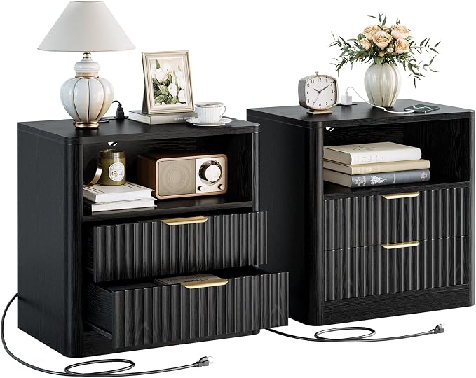 IRONCK Fluted Night Stand, Modern Nightstand with Charging Station, Drawers and Open Shelves - Bedside Table Wood Side Table for Bedroom, Black by IRONCK