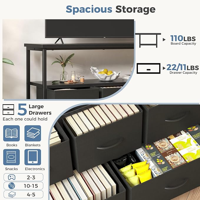 DUMOS TV Stand, Dresser with 5 Fabric Storage Drawers, Media Console Featuring Open Shelf, Fabric Storage Cabinet with Charging Station, Compact Entertainment Unit for Bedroom, Living Room, Black - Image 4