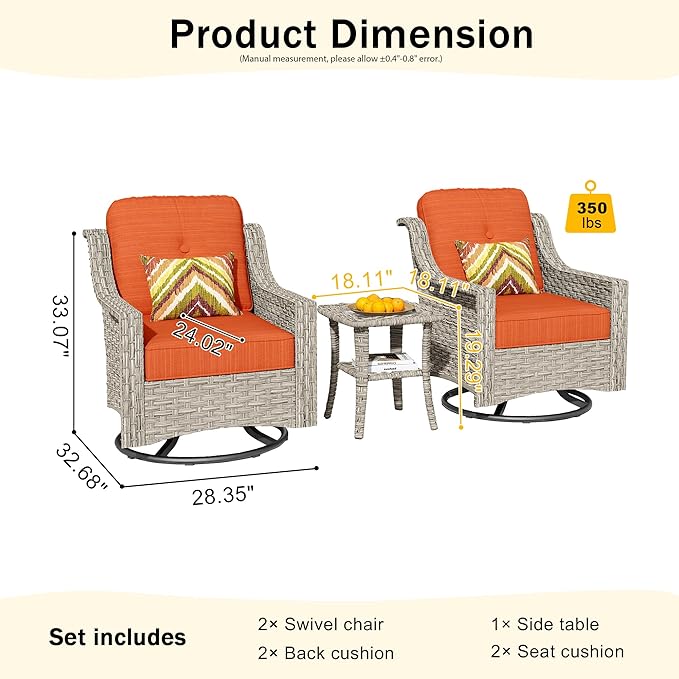 HOOOWOOO 3 Piece Patio Furniture Bistro Sets,Outdoor Wicker Swivel Rocking Chairs with Table Set,All Weather Resistant High Back Rattan Conversation Set(Orange Red)