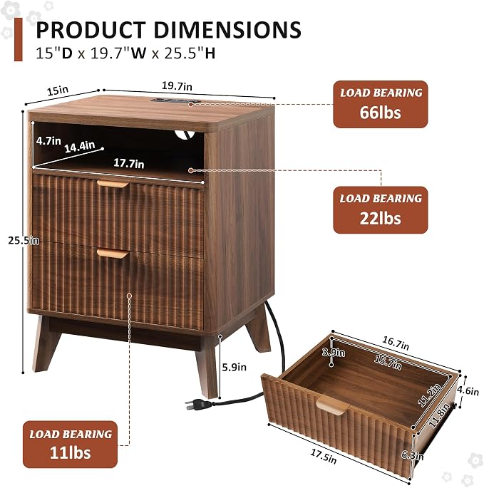 LYNCOHOME Fluted Nightstand with Charging Station, 19.7 inch Wide End Table with 2 Drawers, Modern Wood Bedside Table for Bedroom,Brown,1 Pcs - Image 2