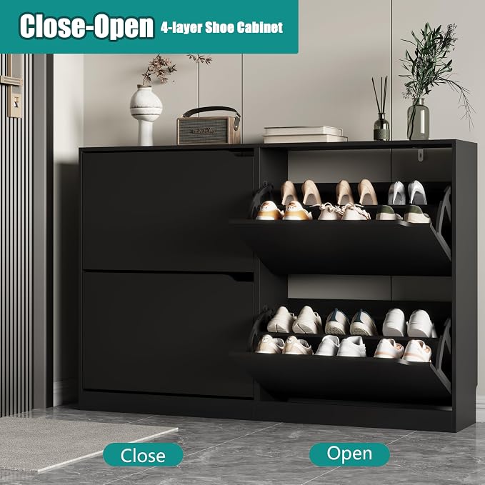 Xixini Shoe Storage Cabinet for Entryway with 4 Flip Drawers, Sturdy Wood Hidden Shoe Storage, Freestanding Narrow Slim Shoe Organizer for Front Door Entrance, Living Room, Hallway, Bedroom, Black - Image 3
