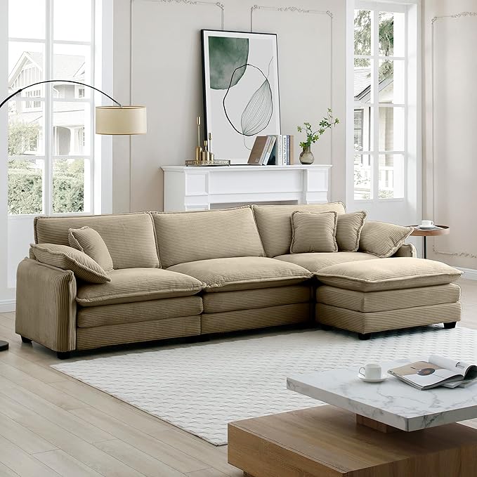 KEIKI 115" L-Shaped Oversized Corduroy Modular Sectional Sofa with 1 Ottoman, High-Density Foam Cushions, Removable Armrests, Upholstered 3-Seater Corner Couch with 5 Pillow, for Living Room, Tan
