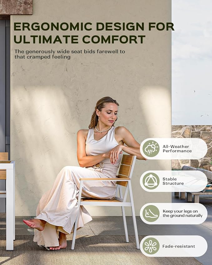 Vexwalx Outdoor Dining Chairs Set of 2, HDPS + Aluminum Patio Dining Chairs with Ergonomic Design and Wide Seat, 2 Piece Outdoor Chairs for Garden, Backyard, Deck (White-Teak) - Image 3