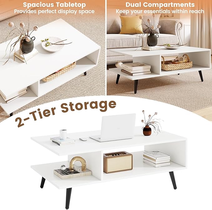 GOFLAME Wood Coffee Table, 2-Tier Mid Century Modern Center Table with 2 Open Storage Compartments & Metal Legs, Rectangular Accent Tea Tables for Living Room, Home Office, Apartment, White