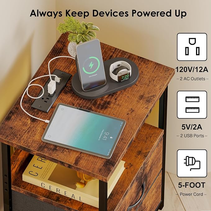 Fixwal Night Stand with Charging Station, LED Nightstand with U-S-B Ports and Outlets, 2 Fabric Storage Drawers with PU Finish, Bedside Table, Rustic Brown - Image 5