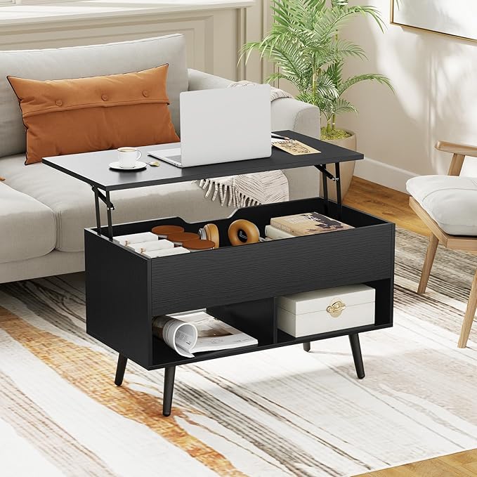 Tangkula Lift Top Coffee Table, Modern Cocktail Table with Hidden Compartment & 2 Open Shelves, Flip Top Center Table, Wooden Pull up Coffee Table for Living Room, Reception Room, Office (Black)