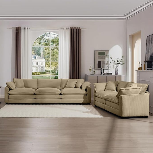 KEIKI 2-Piece Sofa Set with 1 Oversized Corduroy 3-Seater Sofa & 1 Loveseat Sofa, Upholstered 5-Seater Couch Set with 9 Pillow, High-Density Foam Cushions, Removable Armrests, for Living Room, Tan