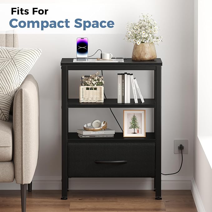 DUMOS Nightstand Set of 2 with Wireless Charging Station Bed Side Tables with Adjustable Fabric Drawers 3-Tier Storage End Tables Modern Design,Black - Image 9