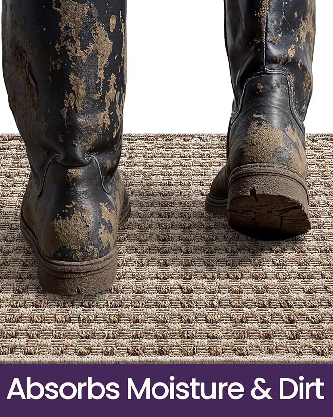DEXI Dirt Trapper Door Mat, 31x60 Washable Doormat, Dirt Resistant and Absorbent, Easy Clean Low-Profile Floor Rugs for Entryway, Front Door, and Inside Entrance, Checkered Beige - Image 4