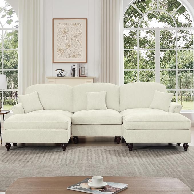 KEIKI Mid Century Modular Sofa with Flared Arms and Skirted Design, 107” Oversized 3-Seater with 2 Ottomans Chenille Sectional Couches for Living Room, Chaise Lounge Indoor Furniture, Beige White
