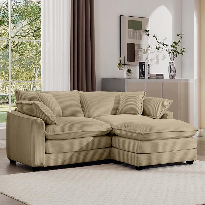 KEIKI 80" L-Shaped Oversized Corduroy Modular Sectional Loveseat Sofa with 1 Ottoman, High-Density Foam Cushions, Removable Armrests, Upholstered 2-Seater Couch with 4 Pillow, for Living Room, Tan