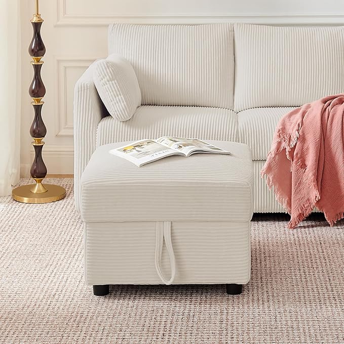 Corduroy Storage Ottoman for Living Room Sofas Couches, Square Ottoman with Storage Space Foot Rest Stool for Apartment, Dorm, Entryway, Beige