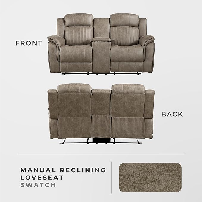 Lexicon 74" W Manual Double Reclining Loveseat with Center Console, Polished Microfiber Recliner Loveseat, Pillow Top Arms, for Living Room, Easy Assembly, Sandy Brown
