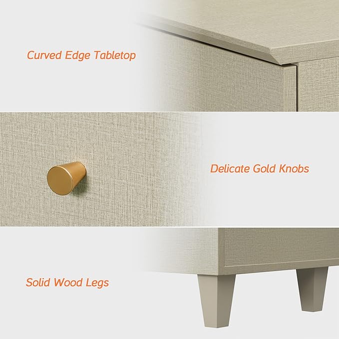 WAMPAT Dresser and Nightstands 3 Pieces, Wooden Dresser with 6 Drawers, Set of 2 Night Stands with Charging Stations, Bedroom Chest of Drawers and Wood Bedside Tables Set, Beige Linen Textured