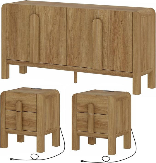 WAMPAT 3 Piece Bedroom Set, Modern 63" Wide Dresser Cabinet and Nightstand Set of 2 with Charging Station,Wood Storage Closet Chest with Natural Texture for Bedroom, Hallway,Light Walnut
