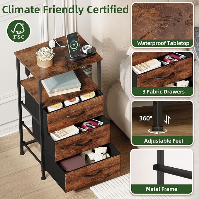 Somdot Tall Nightstand with Charging Station and LED Light for Bedroom, 3 Drawers Dresser with Fabric Bins for Bedside Kids Dorm Room Closet Laundry Entryway, Wood Grain Print - Image 6