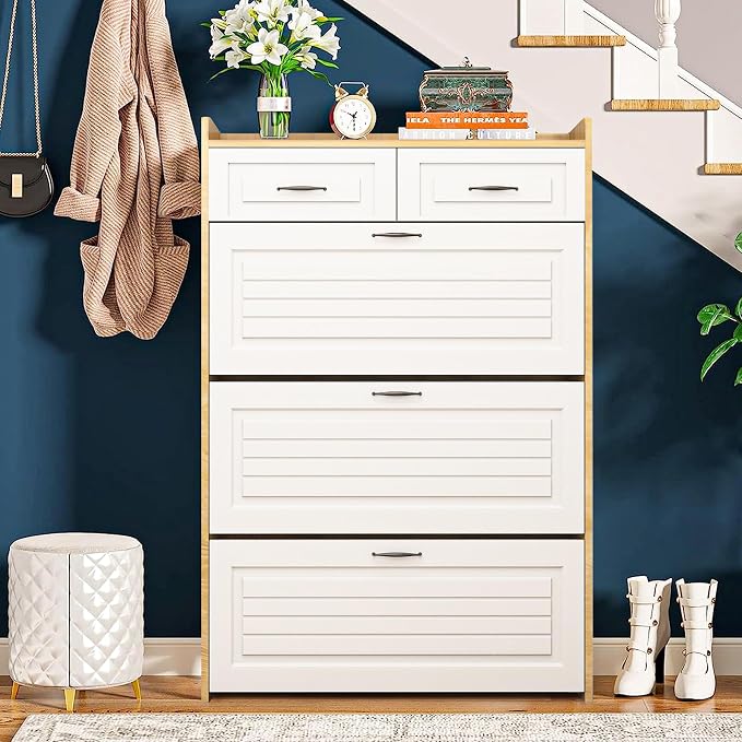 Vibe & Dine Shoe Cabinet with 3 Large Flip Drawers & 2 Storage Drawers, Narrow Shoe Organizer Cabinet Fits for Kinds of Shoes, Slim Shoe Storage Cabinet for Entryway, Hallway, Bedroom, Natural Wood - Image 3