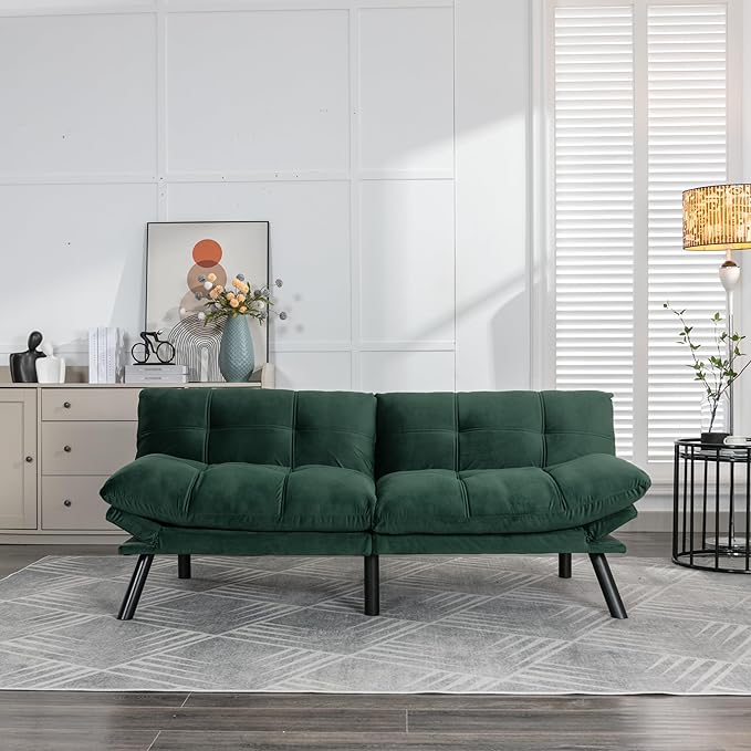 Ball & Cast 71" Futon Sofa Bed, Mordern Upholstered 2 Seater Couch with Adjustable Backrest,Folding Loveseat with Metal Legs for Living Room,Office,Emerald
