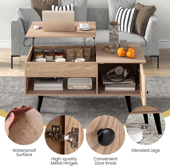 Giantex Lift Top Coffee Table, Modern Cocktail Table with Hidden Compartment, Open Shelf & Cabinet, Wooden Flip Top Center Table, Pull up Coffee Table for Home Office, Living Room (Natural)