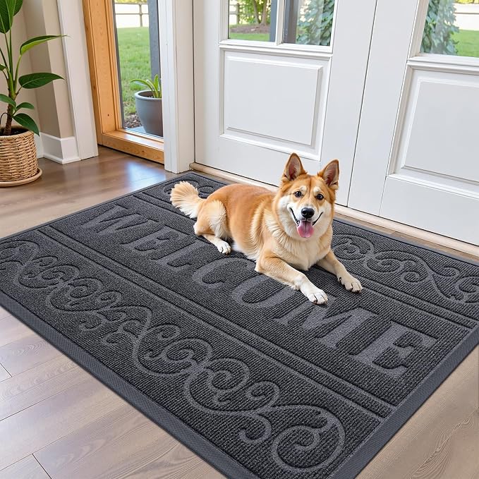 OLANLY Welcome Door Mat Indoor Outdoor Entrance, Heavy Duty Sturdy Front Door Mat, Waterproof All-Weather Doormat, Stain Resistant, Low Profile, Easy Clean Patio Entryway Mat, 47 x 32, Medium Grey by OLANLY