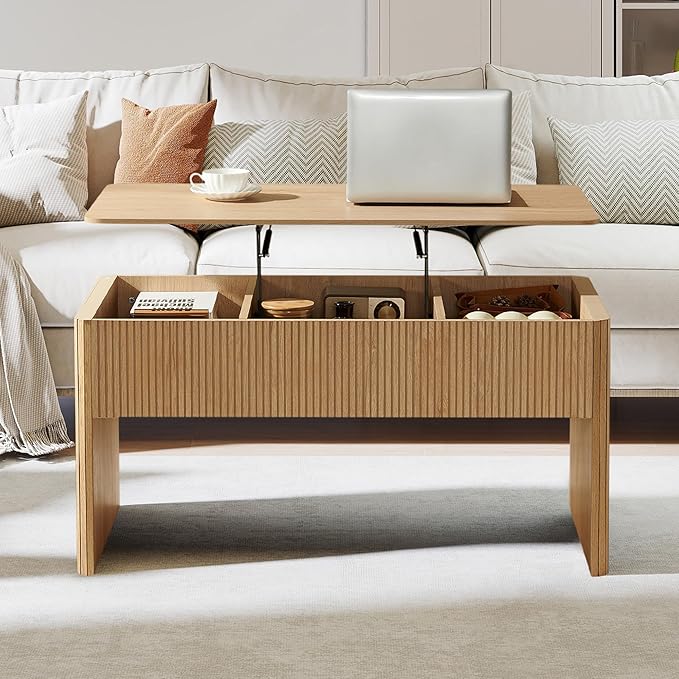 ORRD Fluted Lift Top Coffee Table, Farmhouse Coffee Table with Hidden Compartment, Rising Top Center Table with Storage, Mid Century Rectangular Center Tables for Living Room (Natural)