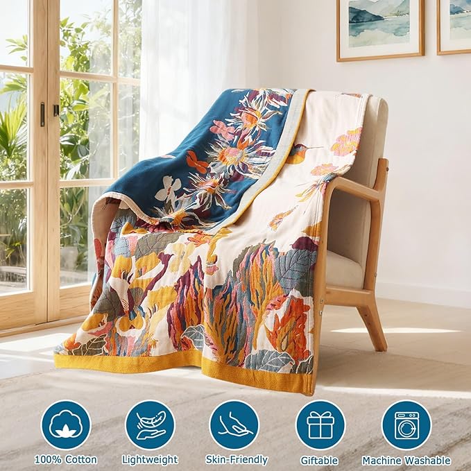 Boho Throw Blanket - 100% Cotton Soft Spring Throw Blanket for Bed, 50"x60" Reversible Breathable Lightweight Blankets, All Seasons Farmhouse Decor Floral Plant Butterfly Throw Quilt