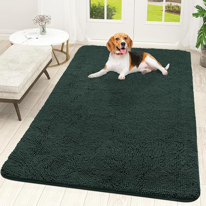 OLANLY Dog Door Mat for Muddy Paws 59x35, Absorbs Moisture and Dirt, Absorbent Non-Slip Washable Doormat, Quick Dry Chenille Mud Mat, Entry Indoor Entryway Carpet for Inside Floor, Blackish Green by OLANLY