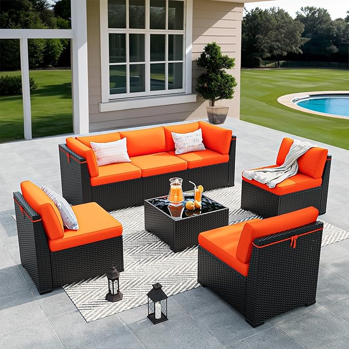 Patio Furniture Set, 7 Pieces Outdoor Sectional Sofa Set with Waterproof Cover, Black PE Wicker Rattan Slanted Back Outdoor Conversation Set with Cushions and Glass Coffee Table, Orange