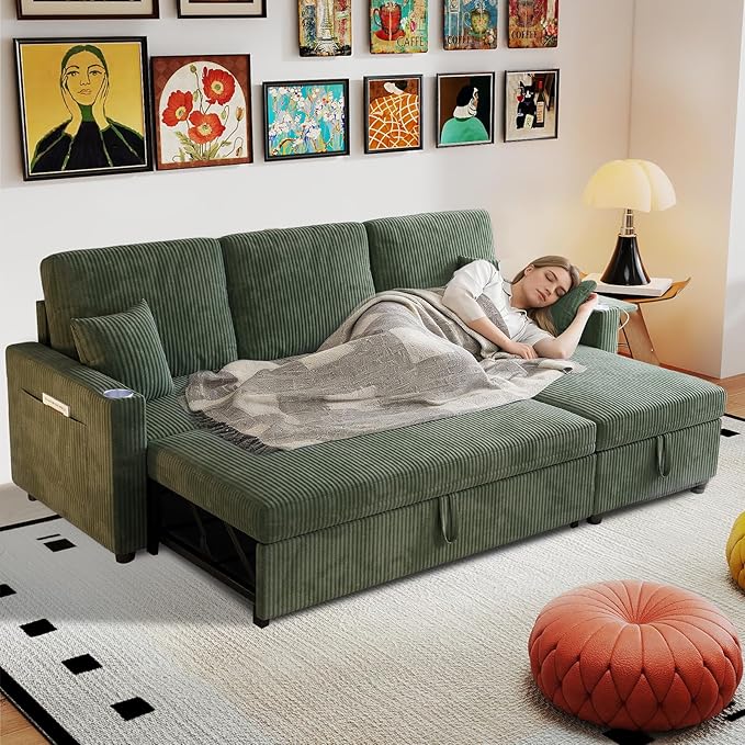 Rovibek 83" Convertible Sofa Bed Couch with Storage & USB Port – 4 in 1 L Shaped Sofa with Pull Out Couch Bed, Side Table, Cup Holder for Living Room, Apartment, Office, Small Spaces, Green