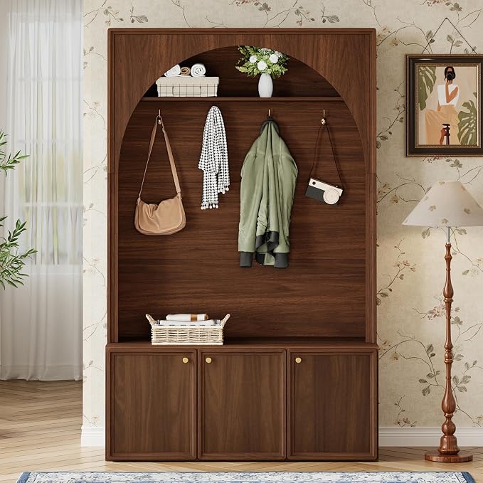 LUMISOL Entryway Hall Tree with Storage Bench, Arched Coat Rack with 4 Golden Hooks, Adjustable Shelves, and 3 Cabinets, Walnut by LUMISOL