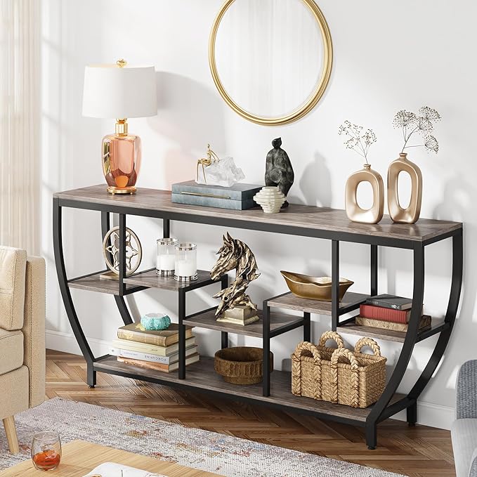 LITTLE TREE 70.9 Inch Long Sofa Table with Shelves, Rustic Console Table with Storage, Industrial Entryway TV Stand, Behind Couch Table Accent Tables for Living Room, Hallway, Foyer
