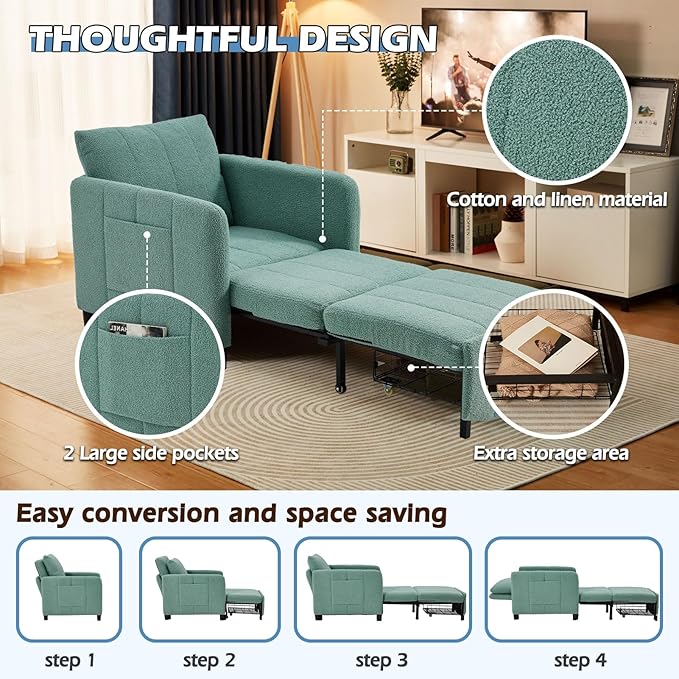 ZZW Sleeper Chair 84" Extra Long Convertible Chair Bed Upgraded 3-in-1 to 4-in-1 Pull Out Chair & Single Sofa Bed for Adult Sleeping Chairs for Living Room & Small Space