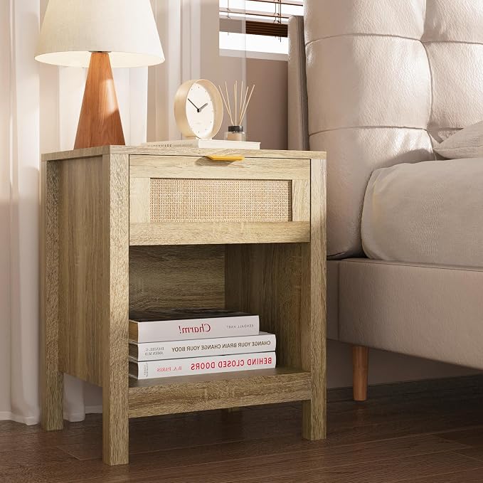 KIGOTY Farmhouse Nightstands, Night Stand, Rattan Nightstand Bedside Table with Drawer, Boho End Side Tables with Open Shelf for Bed Room, Natural Oak by KIGOTY