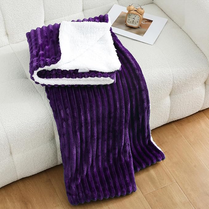 Purple Sherpa Fleece Throw Blanket 50”×60” for Couch Sofa Bed,Super Soft Cozy Plush Double Side Thick Flannel Blanket with Striped Design Lightweight for Adults,Woman,Girls