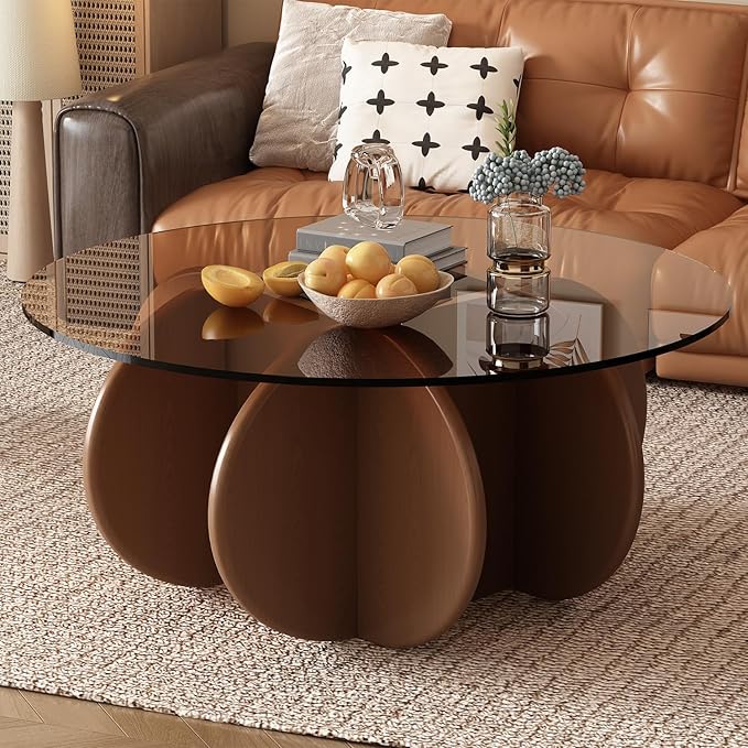 31.5'' Round Glass Coffee Table, Simple & Modern Center Table with Tempered Glass-Top for Small Space, Modern Round Coffee Table for Living Room, Home, Office, Easy Assembly. (Brown + Brown)