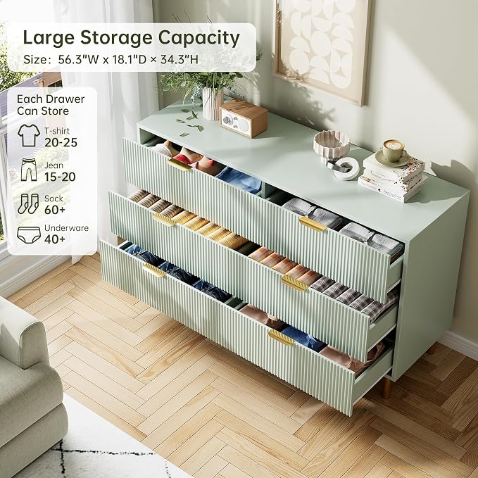 GarveeHome Green Dresser, Modern 6 Drawer Dresser for Bedroom with Gold Handle and Large Drawer, Wood Double Chest of Drawers and Storage Organizer for Living Room, Hallway, Entryway - Image 5