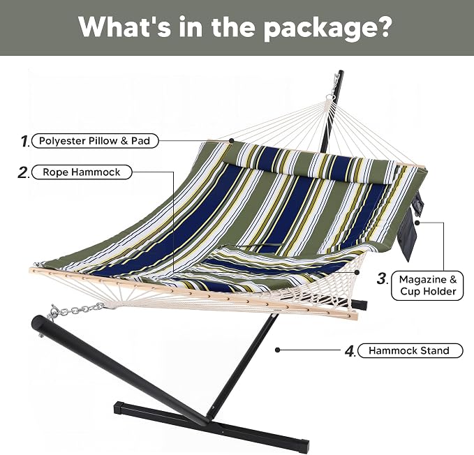 SUNCREAT Hammocks Double Outdoor Hammock with Stand, Cotton Rope Two Person Hammock with Polyester Pad & Large Pillow, Blue& Gray - Image 7
