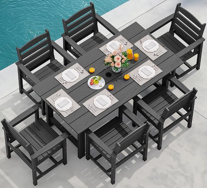 SERWALL 7-Piece Patio Dining Table Sets, Outdoor HDPE Dining Furniture Set with Umbrella Hole Cut-Out Table and 6 Chairs, Black by SERWALL