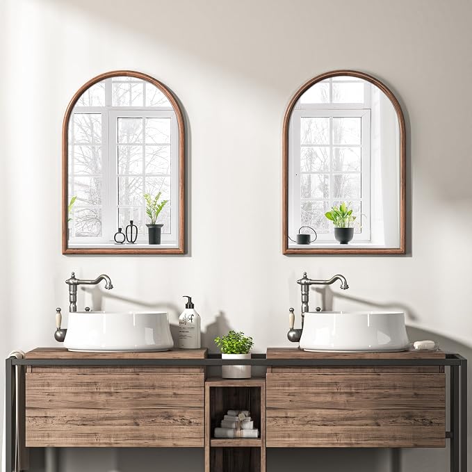 20"x30" Arch Wall Mirror for Wall, Wall Mounted Vanity Mirror for Bedroom, Wood Grain Finish Frame Mirror with Tempered Glass, Vintage Decorative for Bathroom, Entryway, Living Room, Walnut - Image 2