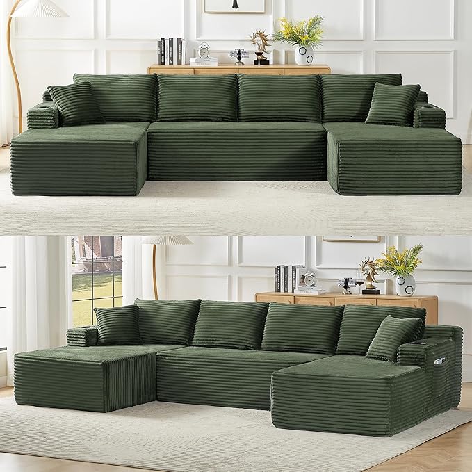 133.5" U Shaped Couch, Modular Sectional Sofa with Chaise, Corduroy U Shaped Boneless Couch with Deep Seat, Upholstered Modular Cloud Sofa for Living Room, No Assembly Required, Green