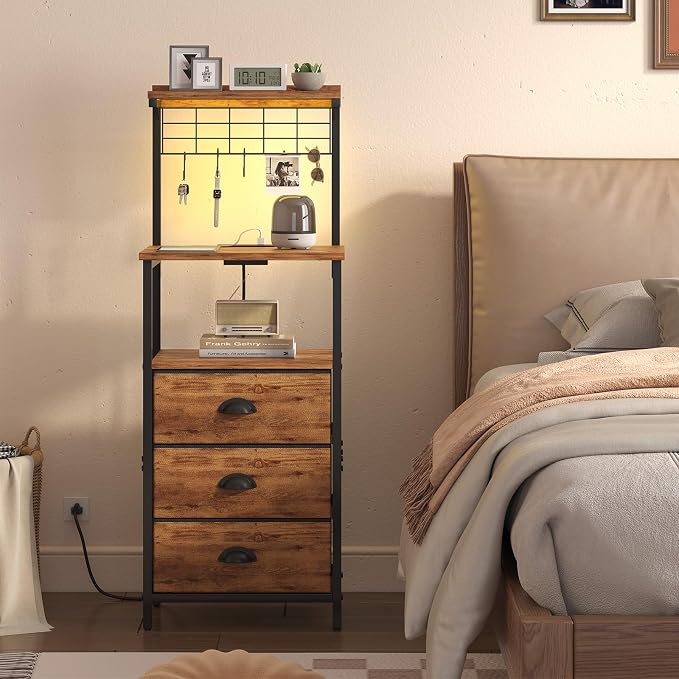 sthmec Tall Nightstands with Charging Station, LED Night Stand Bedsides with 3 Fabric Drawers,Hooks,USB Port and Open Storage Shelves,Tall End Table Bedside Tables for Bedroom,Office, Rustic Brown - Image 6