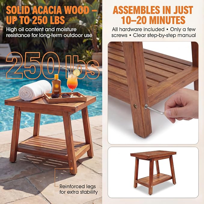 ENKEZI Small Acacia 16 Inches Outdoor Side Table, 2-Tier Sturdy Patio, End Table Weather Resistant, Strong Stability Side Table for Patio, Pool, Porch, Teak Finish (Small) - Image 4